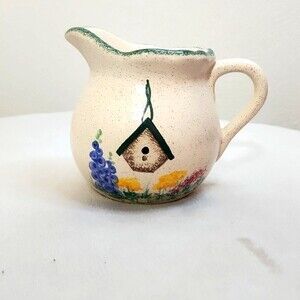 Noel vintage floral pottery creamer pitcher with birdhouse hand painted